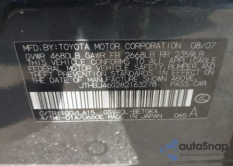 2008 Lexus Es 350 z USA, uszkodzony, nr VIN JTHBJ46G282163278